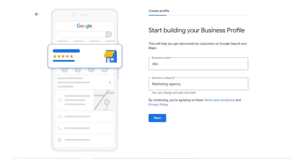 screenshot of google my business setup process