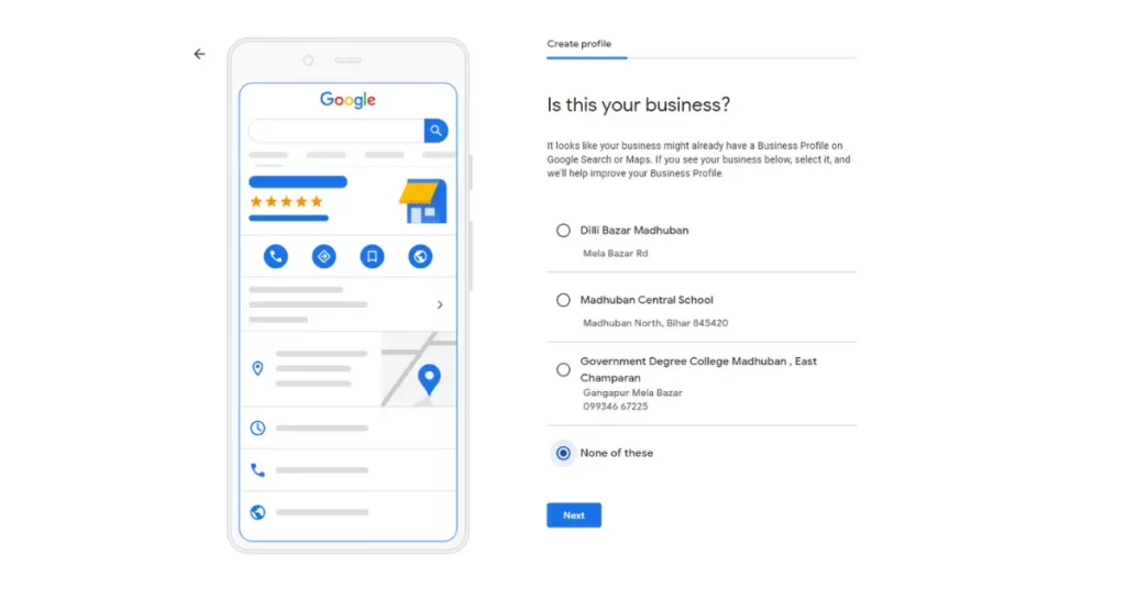 screenshot of google my business setup process